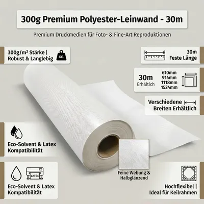 Produktbild von 1,52 x 30m, Polyester Leinwand Canvas Rolle 300g Halbglänzend | Solvent Eco-Solvent Latex Fotoleinwand Kunstdruck Bilder