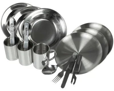 Produktbild von Black Snake® Camping Geschirr Set - flacher & tiefer Teller mit Besteck und Tasse - Edelstahl Outdoor Set für Camping, Trekking, Festival & Picknick 3 Personen-Set