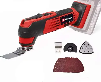 An oscillating multi-tool with various attachments is displayed against a white background.