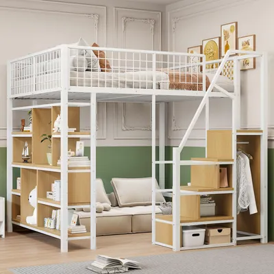 A loft bed with a bookshelf and wardrobe in a bedroom setting.