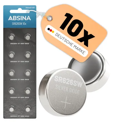 Produktbild von ABSINA SR626SW Uhrenbatterie 1,55V Silberoxid 10er Pack - Knopfzelle - 377 / SR66 / SR626 / 626 / AG4