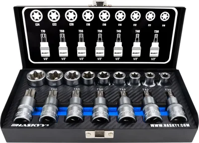 A set of Torx sockets in a black metal case, with the lid open showing diagrams of the different socket sizes and their corresponding Torx sizes.