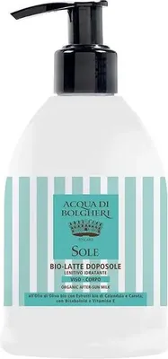 Bio mléko po opalování Acqua di Bolgheri, 300 ml, v bílém dávkovači s tyrkysovou etiketou.