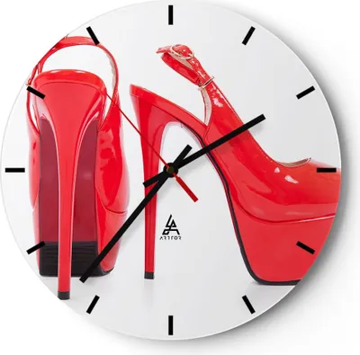 Produktbild von Wanduhr - Rund - Glasuhr - Ferse Schuhe Frauen Mode - 30x30cm - Schleichendes Uhrwerk - Lautlos - zum Aufhängen bereit - Dekoration Modern - Wanddekoration aus Glas - C3AR30x30-2401
