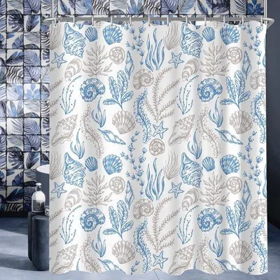 Produktbild von Ibenzoa® Duschvorhang mit Muschelmuster, 180 x 200 cm – wasserabweisend, schimmelbeständig & antibakteriell, 100% Polyester, inkl. 12 Kunststoffhaken