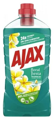 A bottle of AJAX floor cleaner with floral decoration.
