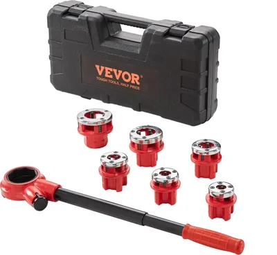Produktbild von VEVOR 6-tlg. Set Gewindeschneidkluppe Rohrgewindeschneidsatz Kluppe Gewindeschneider 1/4 Zoll NPT – 1-1/4 Zoll NPT im Koffer 9SICR-Schneidkopf Ideal für Baugewerbe Sanitärindustrie usw.