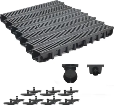 A set of drainage channels and accessories are laid out on a white background.