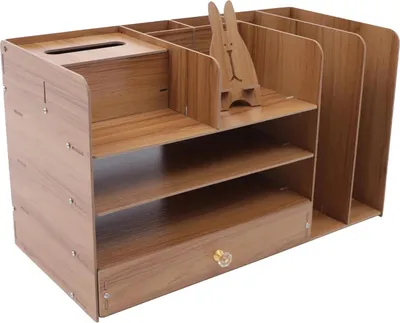 Zdjęcie produktu dla Organizer na biurko – pojemnik na dokumenty A4 – 4 poziomy – 48×23×28 cm – drewno wiśniowe – pomarańczowy