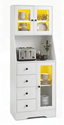 Image de COSTWAY, armoire de cuisine de 163 cm avec plan de travail et éclairage LED, buffet avec 4 tiroirs et 3 portes, armoire de rangement pour cuisine en bois, meuble haut
