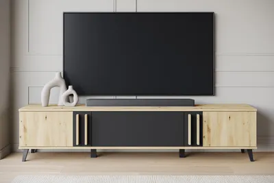 Produktbild von MINIO go for it, Lowboard "HURON", TV-Schrank 180 cm, 3 Türen, Push-to-Open, Kunststofffüße, Artisan Eiche / Schwarz