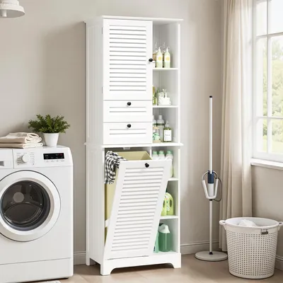 A white storage cabinet with a laundry basket and shelves is shown next to a washing machine in a laundry room.