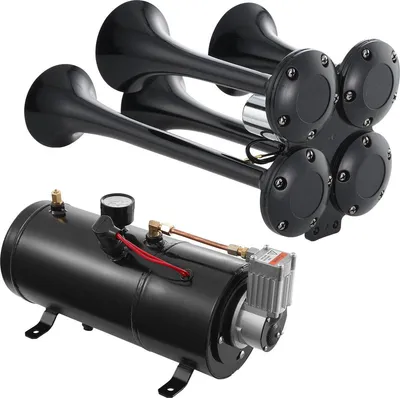 Immagine prodotto di Set di trombe per camion - Set di trombe ad aria con 4 trombe - 170W - 150dB. Trombe per camion. Compressore d'aria da 12V, 120 PSI