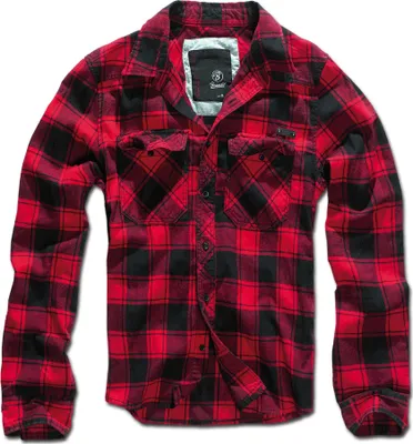 A red and black plaid flannel shirt is displayed flat against a white background.