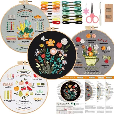 Produktbild von Blumenstickset für Anfänger 4 Sets mit Reifen bunt DIY Kunstprojekt Bastelset