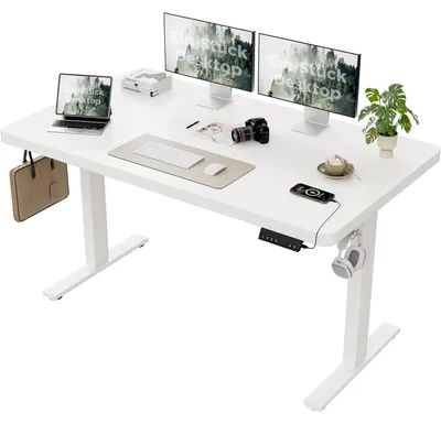 Image de Bureau réglable en hauteur, dimensions 140x80 cm, blanc, avec 2 moteurs et 3 fonctions de mémorisation