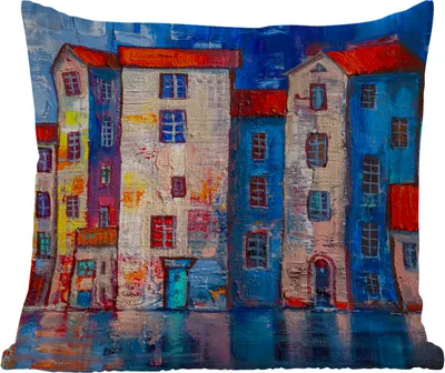Produktbild von MuchoWow® Outdoor Kissen - Gemälde - Ölfarbe - Haus - Wasser - 40x40 cm - Wetterfest - Lounge Kissen - Kopfkissen - Interieur - Polster mit Bild