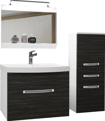 Produktbild von BELINI Badmöbel Vollausstattung Set Waschbeckenschrank, kleiner Schrank, Waschbecken, Spiegel, Lampe (Königliches Ebenholz, Matt)