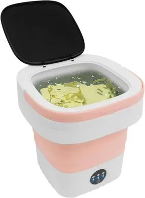 Obrázek produktu pro Skládací mini pračka – přenosná pračka pro kempování – pro malé praní – s odtokovou nádobou – objem 12 litrů – růžová