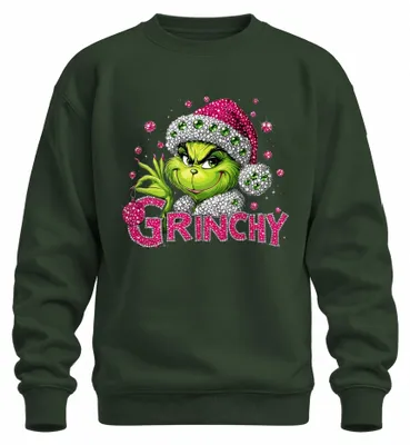 Produktbild von Grinchy Grinch Bling Glitzer Strass Ugly Christmas Sweater Sweatshirt Pullover, Flaschengrün, M