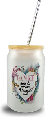 Produktbild von Danke Patentante Trinkglas mit Bambusdeckel Herz Danksagung