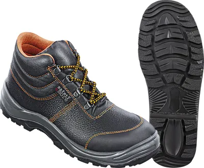 A black safety boot and its sole are shown against a white background.