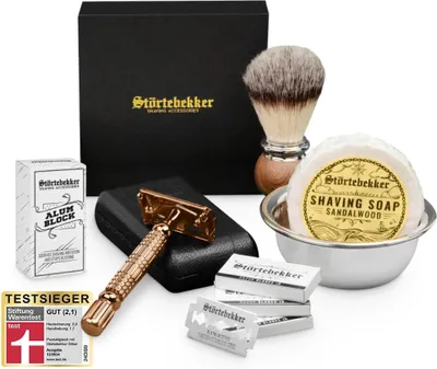 Produktbild von Störtebekker® Premium Rasierset - Rasierhobel Rosé - Gold – inkl. Echtlederetui (Schwarz) - Rasierseife Sandelholz-Duft - Rasurset / Bartpflege Set