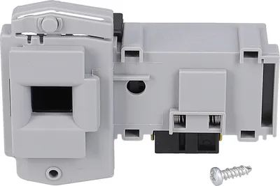 A gray washing machine door lock mechanism with a single screw in the foreground.