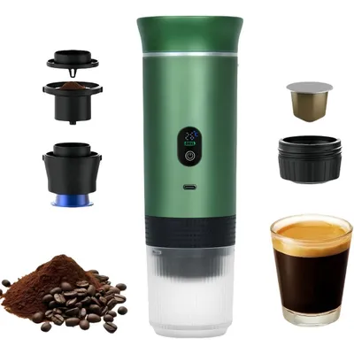 Produktbild von Tragbare Kaffeemaschine mit Digitalanzeige, 3-in-1 Elektrische Kaffeemaschine, mit Kapseln und gemahlenem Kaffee, zum Kaltbruehen und Aufwaermen(Grün)