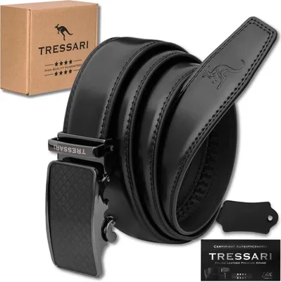 A black leather belt with an automatic buckle and its packaging, along with a certificate of authenticity.