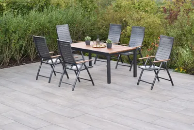 Produktbild von Merxx Gartenmöbel Set Tinos 7tlg., 6 Klappsessel, Ausziehtisch 180 (250) x 100 cm- Aluminium/Akazie