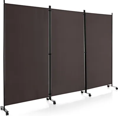 A three-panel room divider on wheels, made of dark brown fabric and black metal frames, set against a white background.