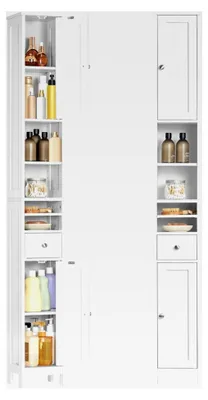 Produktbild von Badezimmerschrank, hoch, schmaler Aufbewahrungsschrank, mit verstellbaren Ablagen, Schublade, offenen Fächern, für kleine Räume, wolkenweiß