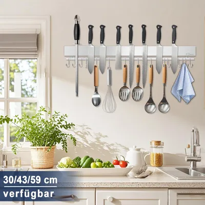 Zdjęcie produktu dla Listwa magnetyczna ze stali nierdzewnej do przechowywania noży, 59 cm, 15 haczyków, magnetyczny uchwyt na noże do kuchni