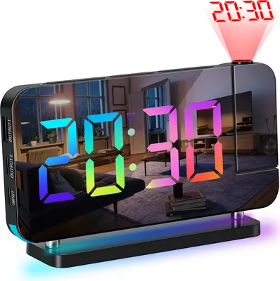 Produktbild von Projektionswecker fuer Schlafzimmer, 7-Zoll-RGB-bunte LED-Digitaluhr mit Spiegeloberflaeche, 6-stufiger Helligkeitsdimmer, USB-Ladegeraet, Schlummerfunktion, 12/24 Stunden, 11 Farben, 180-Grad-Projektor an der Decke