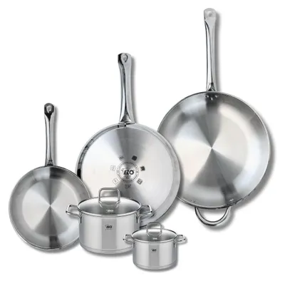 Image de Ensemble de 3 Poêles de cuisson 24, 28 et 32 cm et 2 faitouts 12 et 16 cm Elo Profi Citrin