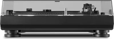 A close-up, front-facing view of a black turntable with a clear dust cover.