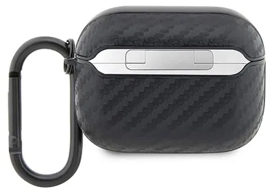 A black carbon fiber textured AirPods Pro case with a silver accent and a black carabiner clip attached.