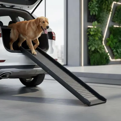 A golden retriever dog is walking down a black ramp from the back of a white SUV.