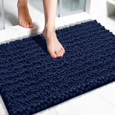 Image de Tapis de bain en microfibre, antidérapant, doux, lavable en machine. Dimensions : 51 x 81 cm. Couleur : bleu marine