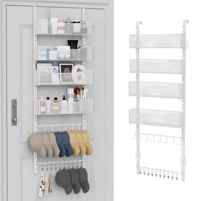 Image de Organiseur de porte, organiseur de placard 2-en-1 et porte-chapeaux en métal avec 4 paniers réglables, 8 crochets, 10 pinces, espace de rangement derrière la porte pour la chambre et la salle de bains (blanc)