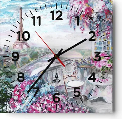 Produktbild von Wanduhr - Quadrat - Glasuhr - Blumen Eiffle Architektur Balkon - 30x30cm - Schleichendes Uhrwerk - Lautlos - zum Aufhängen bereit - Dekoration Modern - Wanddekoration aus Glas - C4AC30x30-3130