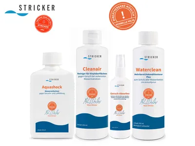 Produktbild von Wasserbett Service-Set Geruch - Stricker Waterclean - Aquashock - Cleanair - Geruch-Absorber - beseitigt unangenehme Gerüche im Wasserbett