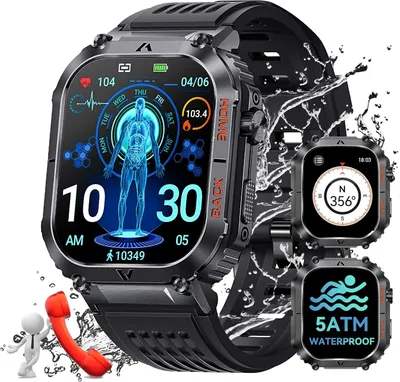 Produktbild von Smartwatch Herren mit Telefonfunktion 2.02 Zoll   5ATM Wasserdicht 100+ Sportmodi Fitnessuhr Herzfrequenz Schrittzähler Schlafmonitor Android iOS