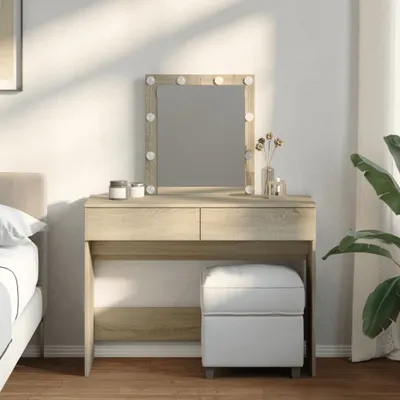 A bedroom scene with a vanity table and stool.