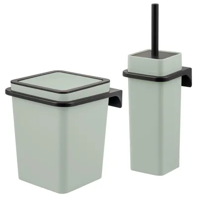 Image de Ensemble de salle de bain 2 pièces Bremermann SAVONA Softtouch comprenant un support mural, une poubelle à cosmétiques et un porte-brosse WC, carré - sauge