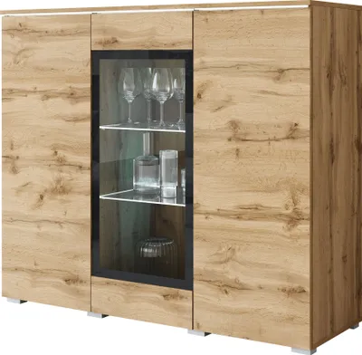 Produktbild von MIRJAN24 Türkommode Vera 120, Stilvoll Wohnzimmer, Kommode mit drei Drehtüren (Farbe: Wotan, mit weißer LED Beleuchtung)