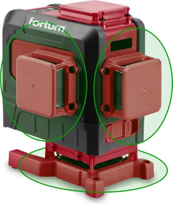 Zdjęcie produktu dla Laser krzyżowy Fortum zielony laser 3D (3x360 stopni), samopoziomujący, niska linia pozioma, z modułem montażowym 360° (magnes, śruba, statyw), IP 54, 30 m