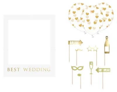 Produktbild von 12-teiliges Photobooth-Set Hochzeit Weiß und Gold mit Rahmen - Einheitsgröße