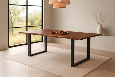 Produktbild von Esstisch Baumkante massiv Akazie kastanienfarben 200 x 100 cm U-Gestell schwarz Roxana
